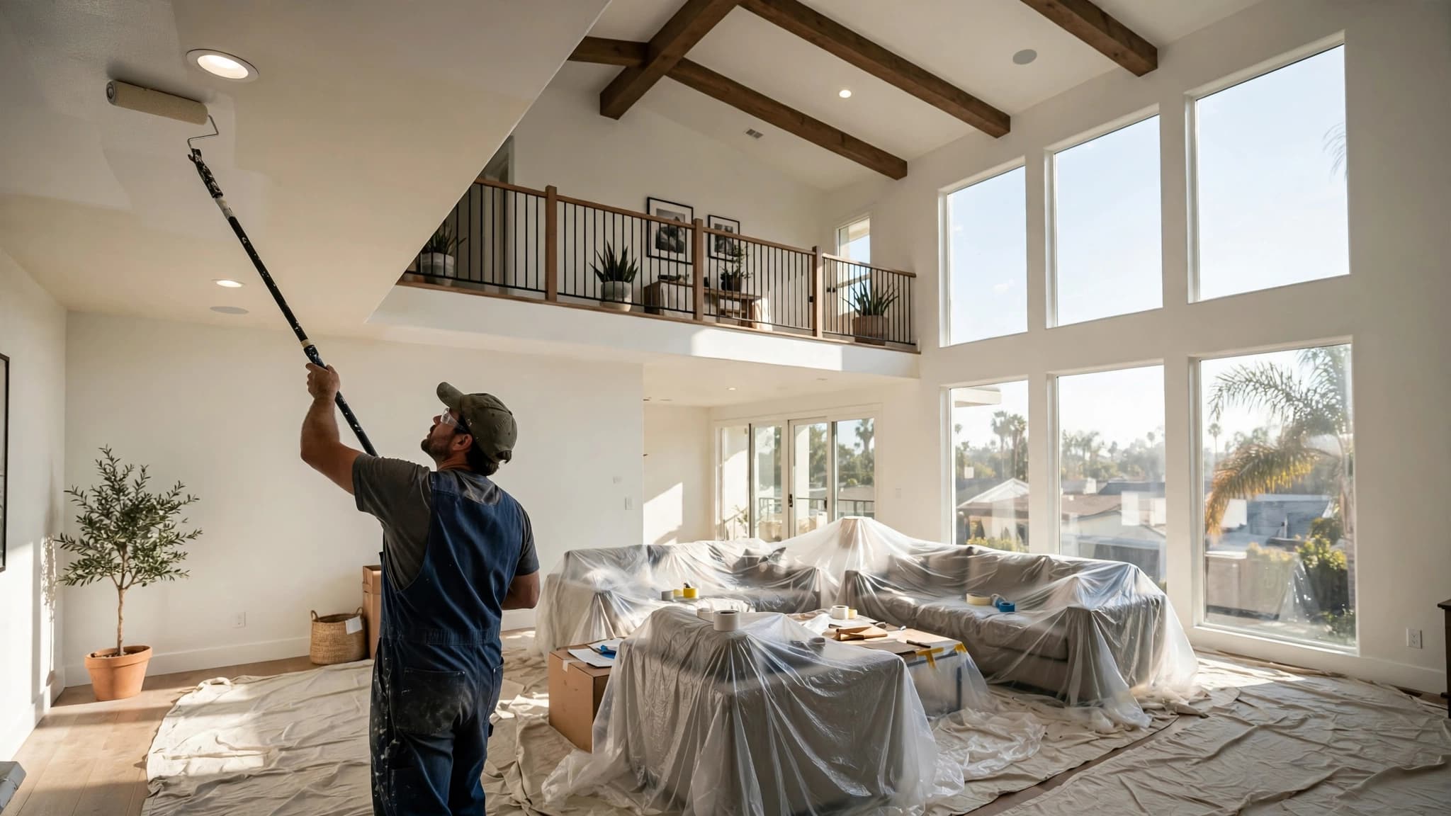 Painter rolling a ceiling on an extension pole in a bright living room, with floors covered for interior house painting