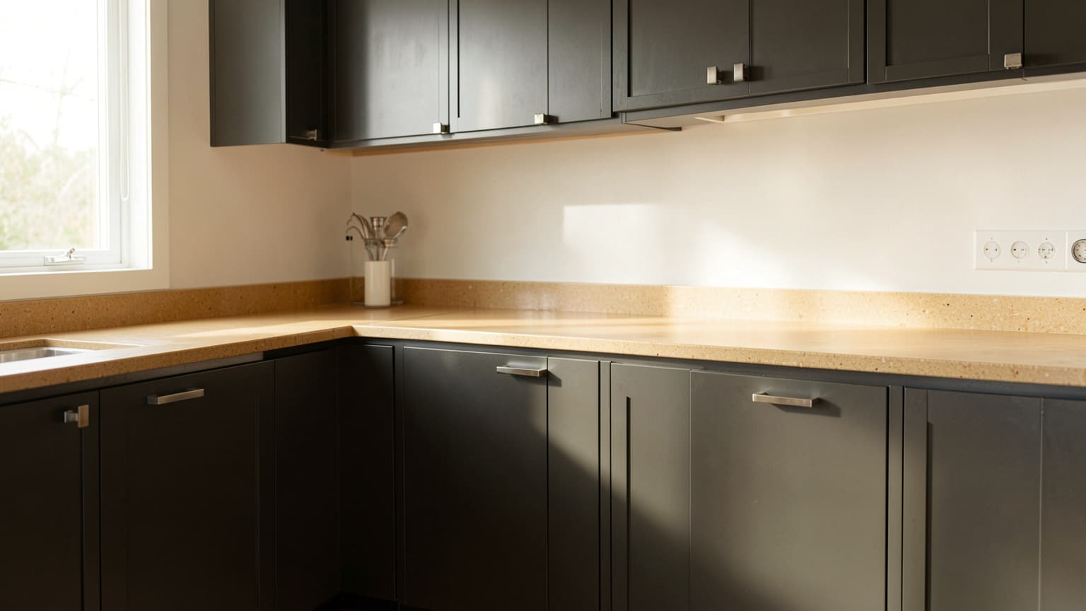 Satin dark kitchen cabinets with durable cabinet paint finish and quartz countertops in morning light