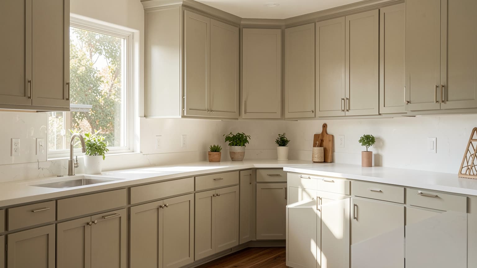 Modern suburban kitchen with painted greige Shaker cabinets, illustrating the cost to paint kitchen cabinets.