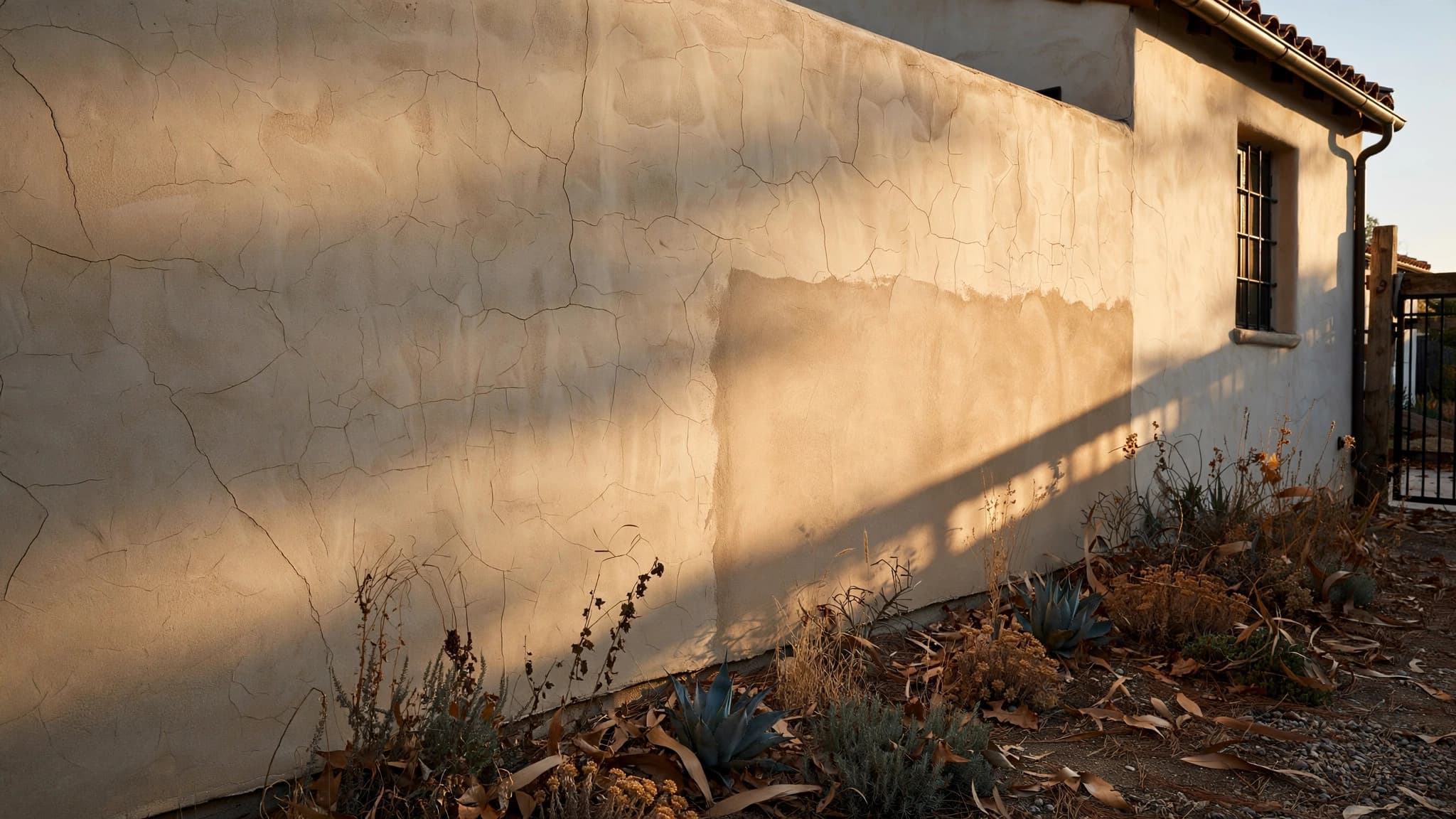 Sand-finish stucco wall in low afternoon sun, with hairline cracks and one patch blending into the texture
