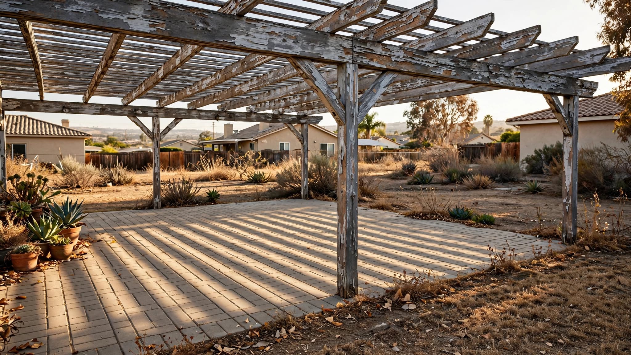 Weathered wood pergola over a backyard patio in inland Orange County, with cracked gray paint on the rafters and striped afte