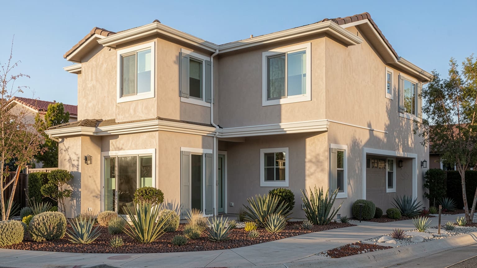 Stucco siding and exterior trim on a home finished by a professional house painter in Orange County CA.