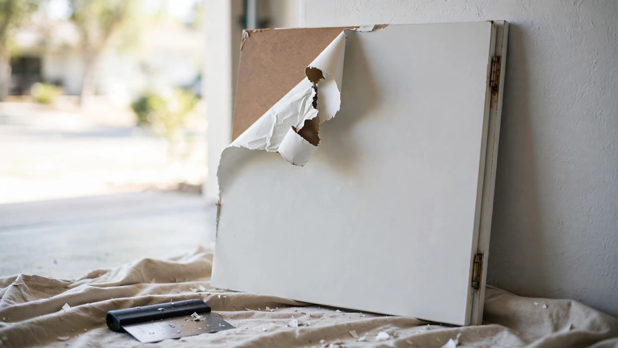 Half-stripped white thermofoil cabinet door with peeling vinyl curled back at one corner, leaning against a bright garage wal