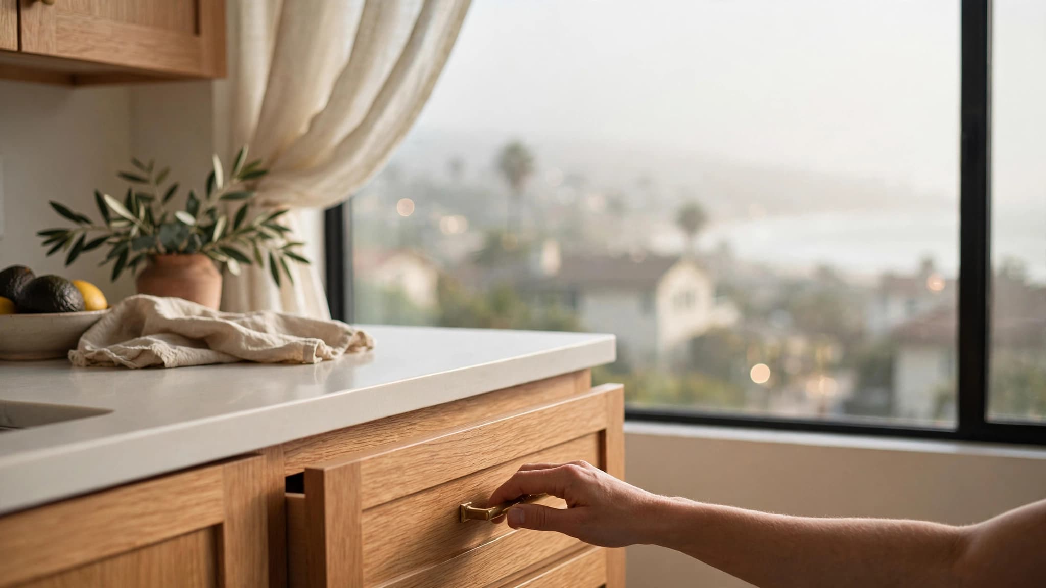 Sunlit kitchen with oak shaker cabinet doors in a satin finish, one of the cabinet refacing options