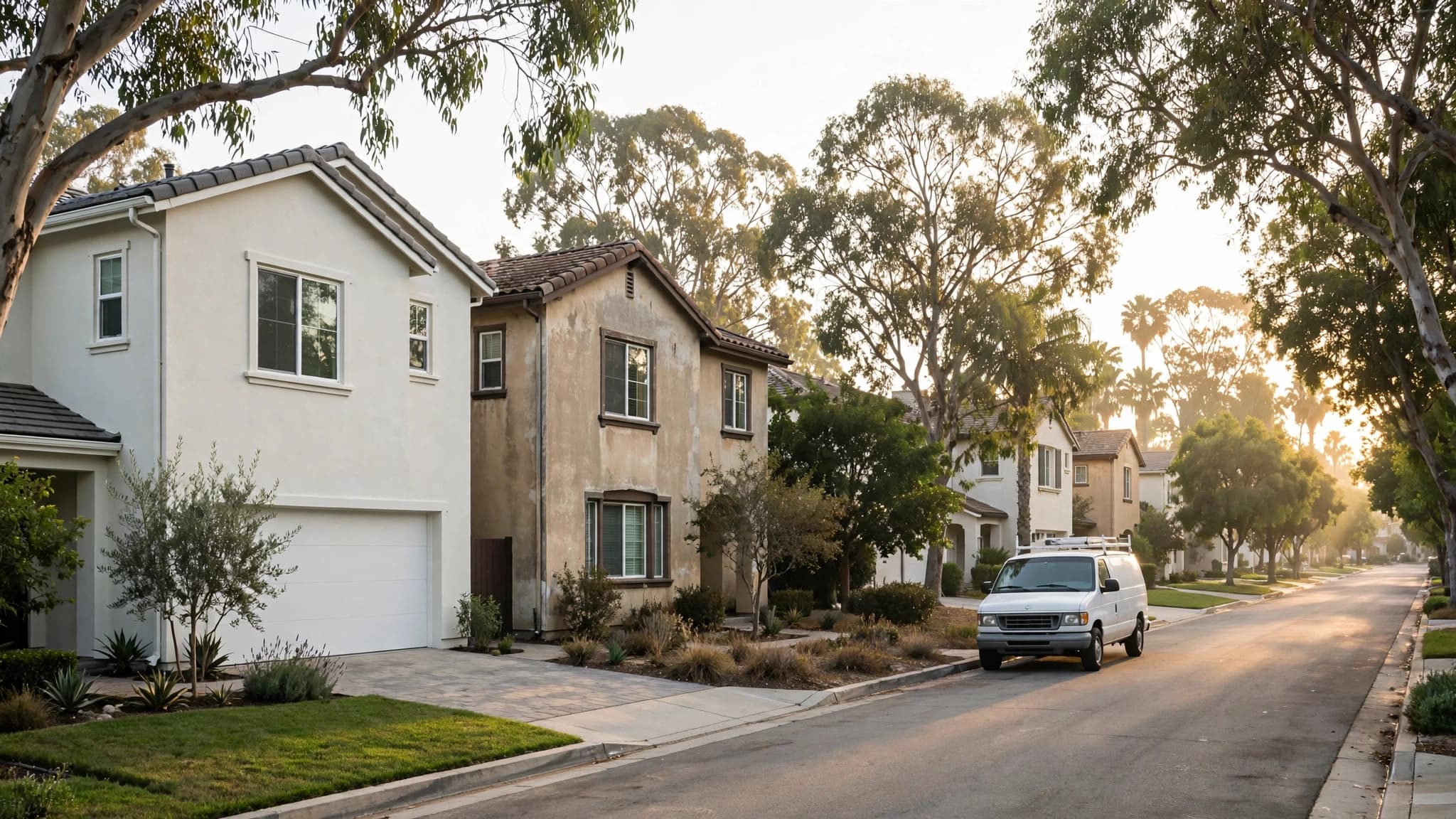 Local exterior house painting in Orange County: a freshly painted stucco home beside a weathered one on the same street