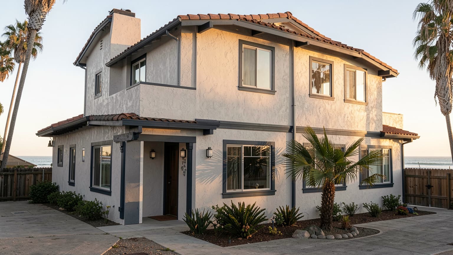 Two-story coastal home exterior in Huntington Beach CA prepped by professional painters
