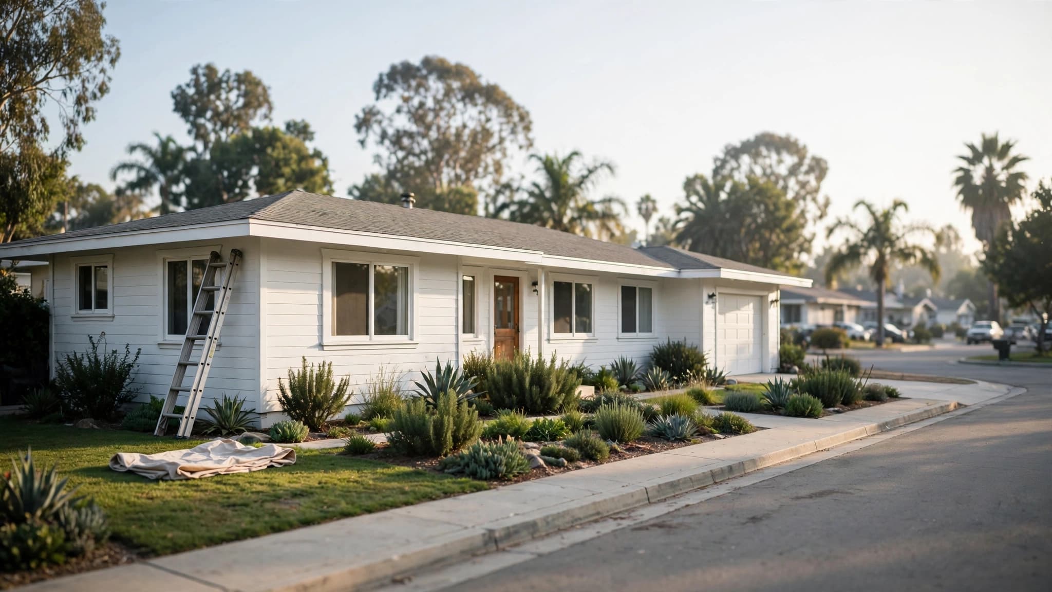 Painters work on a 1950s ranch house in Costa Mesa, CA, with a ladder against white fascia and a drop cloth on the lawn