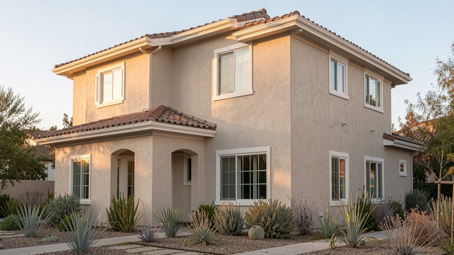 Two-story Mediterranean stucco home exterior to estimate the cost of painting a house exterior with fresh trim